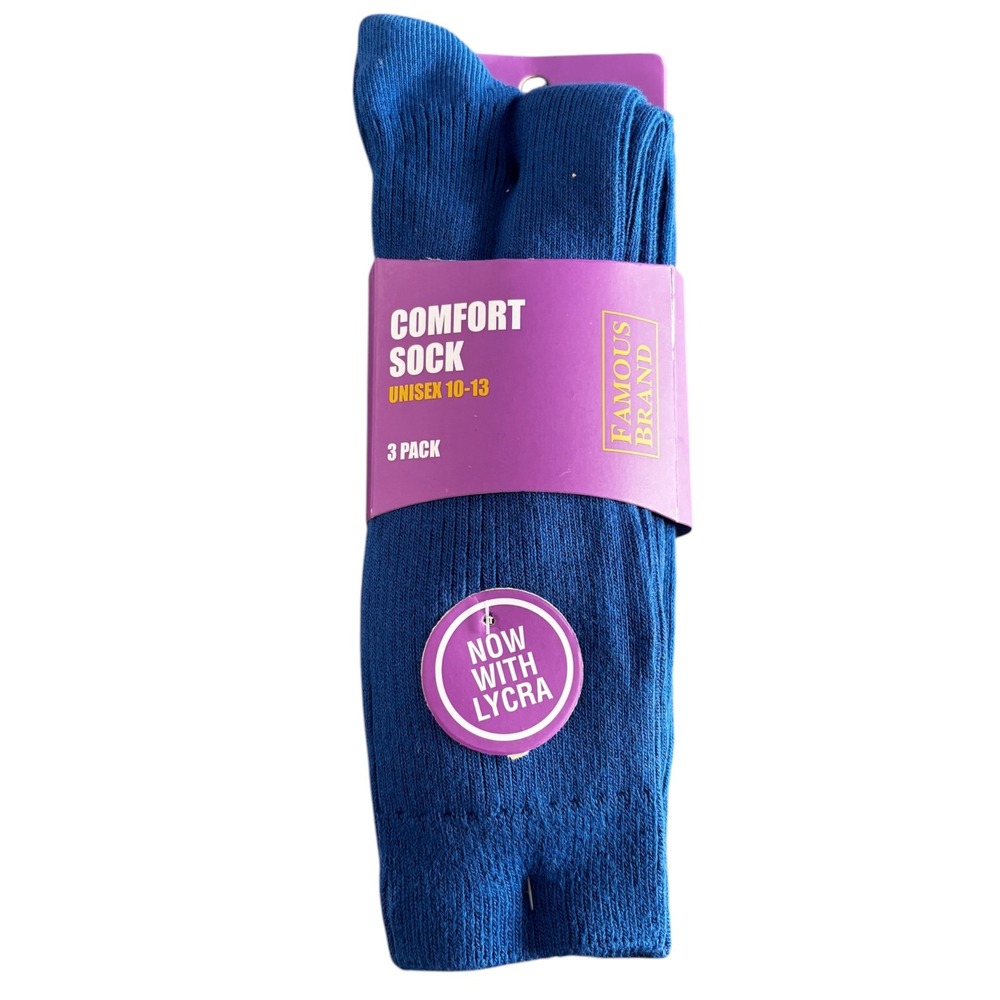 Famous Brand Comfort Socks‎ 3 Pack Blue Unisex 10-13 Ribbed Crew 77Cotton Blend